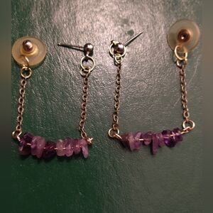 Handmade Natural Stone Amethyst Stud Chain Hoop Hybrid Earrings